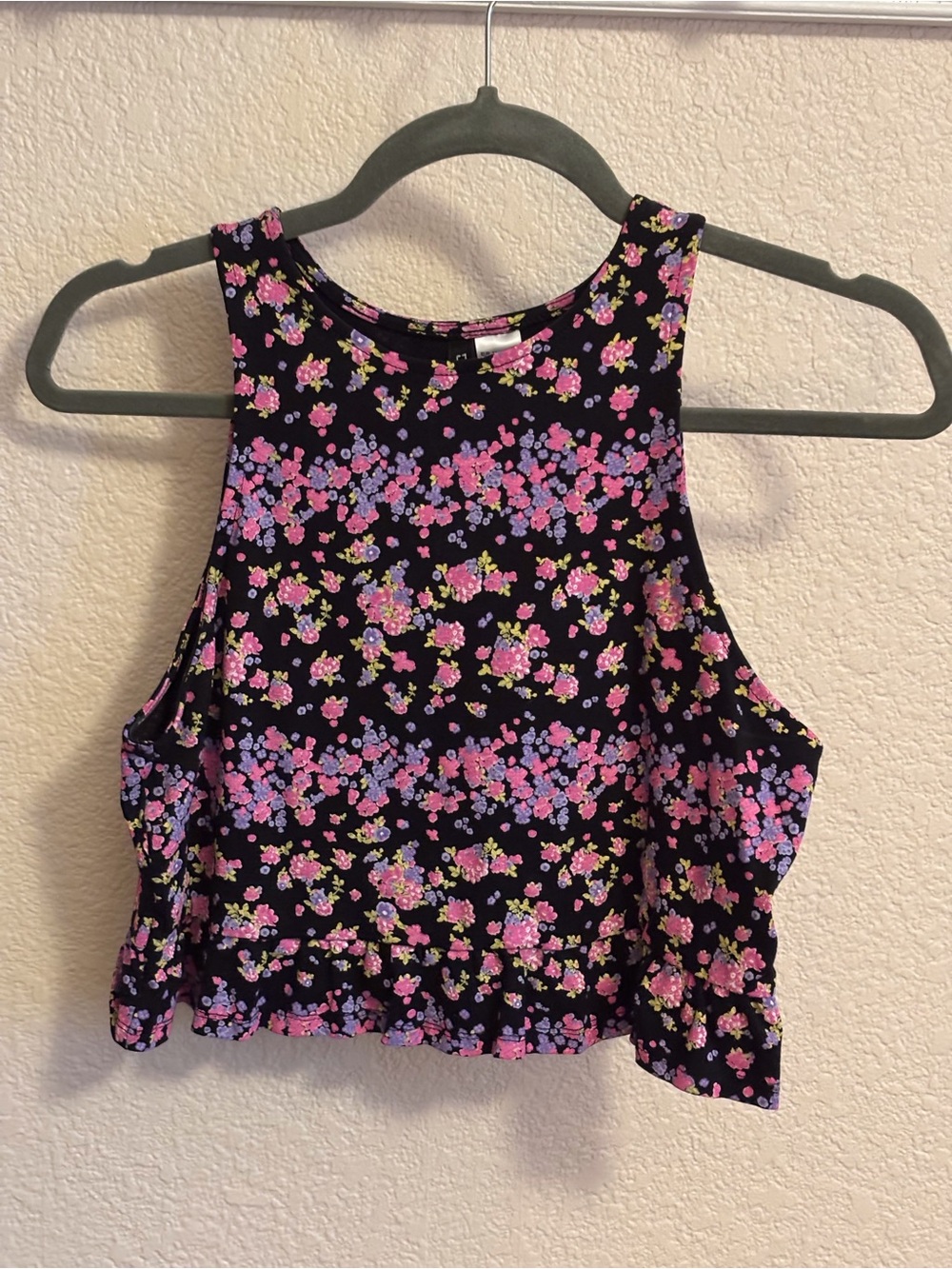 H&M DIVIDED Black Floral Crop Tank Top with Pink & Purple Blooms